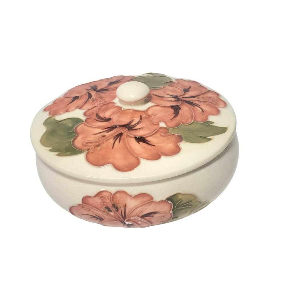 Vintage Moorcroft Lidded Bowl – Coral Hibiscus on Ivory Porcelain c1974 - Picture 9 of 10